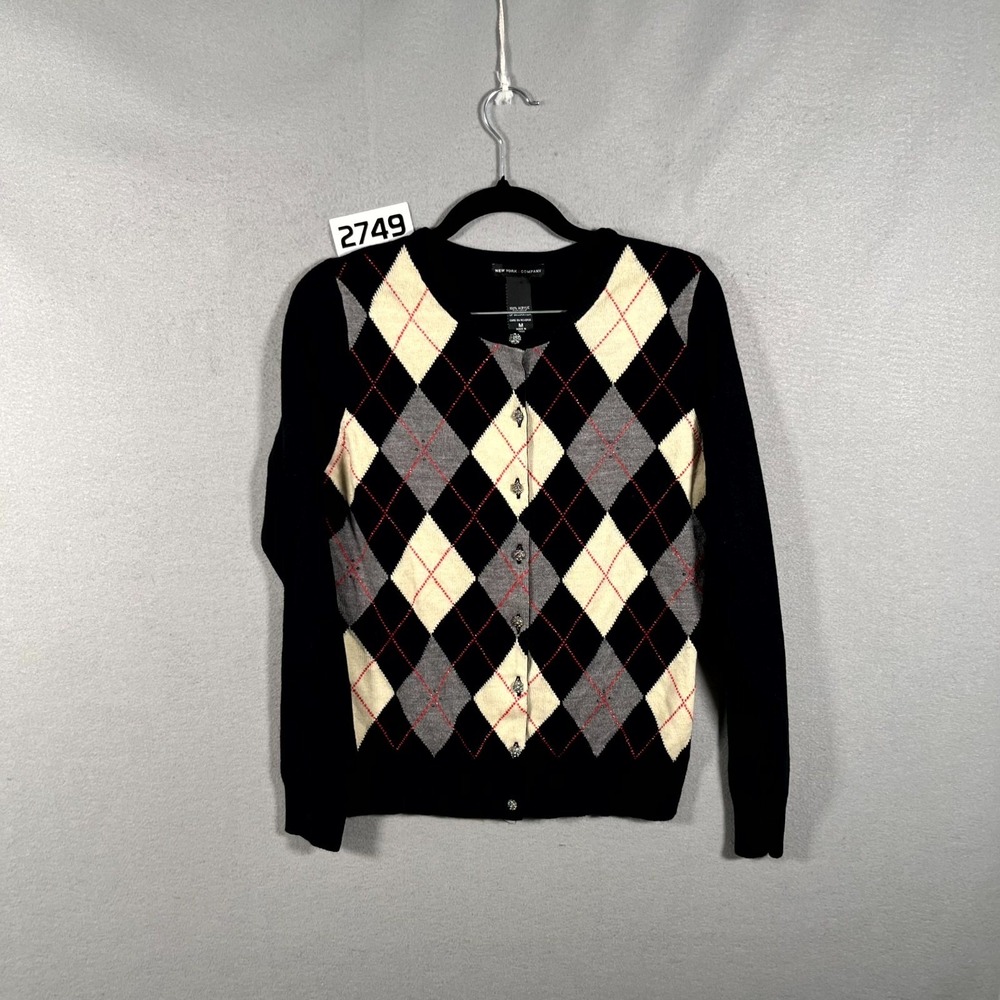 New York Company Cardigan Sweater Women Medium Multicolor Acrylic Argyle Diamond